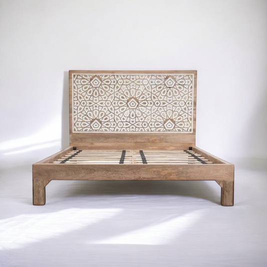 White Handcrafted Bed with Intricate Carved Headboard in Solid Wood