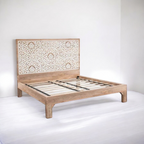 Aura Carved Bed | Handcrafted Mango Wood Bed with Intricate Headboard | King & Queen Sizes | Living Furn India