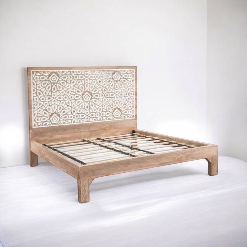 Aura Carved Bed | Handcrafted Mango Wood Bed with Intricate Headboard | King & Queen Sizes | Living Furn India