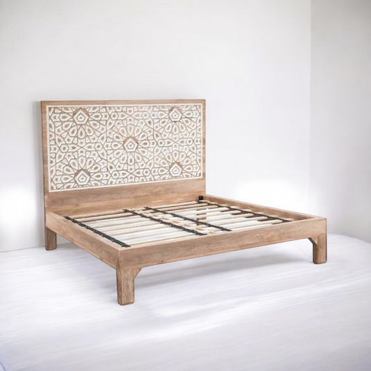 White Handcrafted Bed with Intricate Carved Headboard in Solid Wood