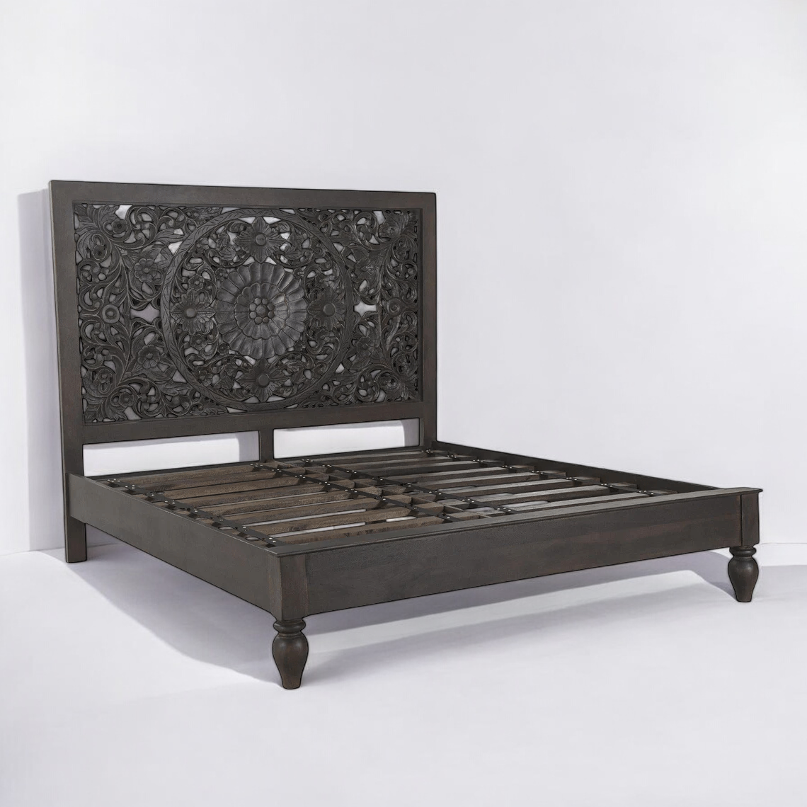 Mandala Carved Bed | Handcrafted Mango Wood Bed with Intricate Headboard | King & Queen Sizes | Living Furn India
