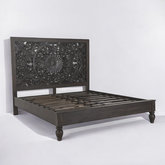 Solid Wood Hand-Carved Black Headboard Bed with Elegant Detailing