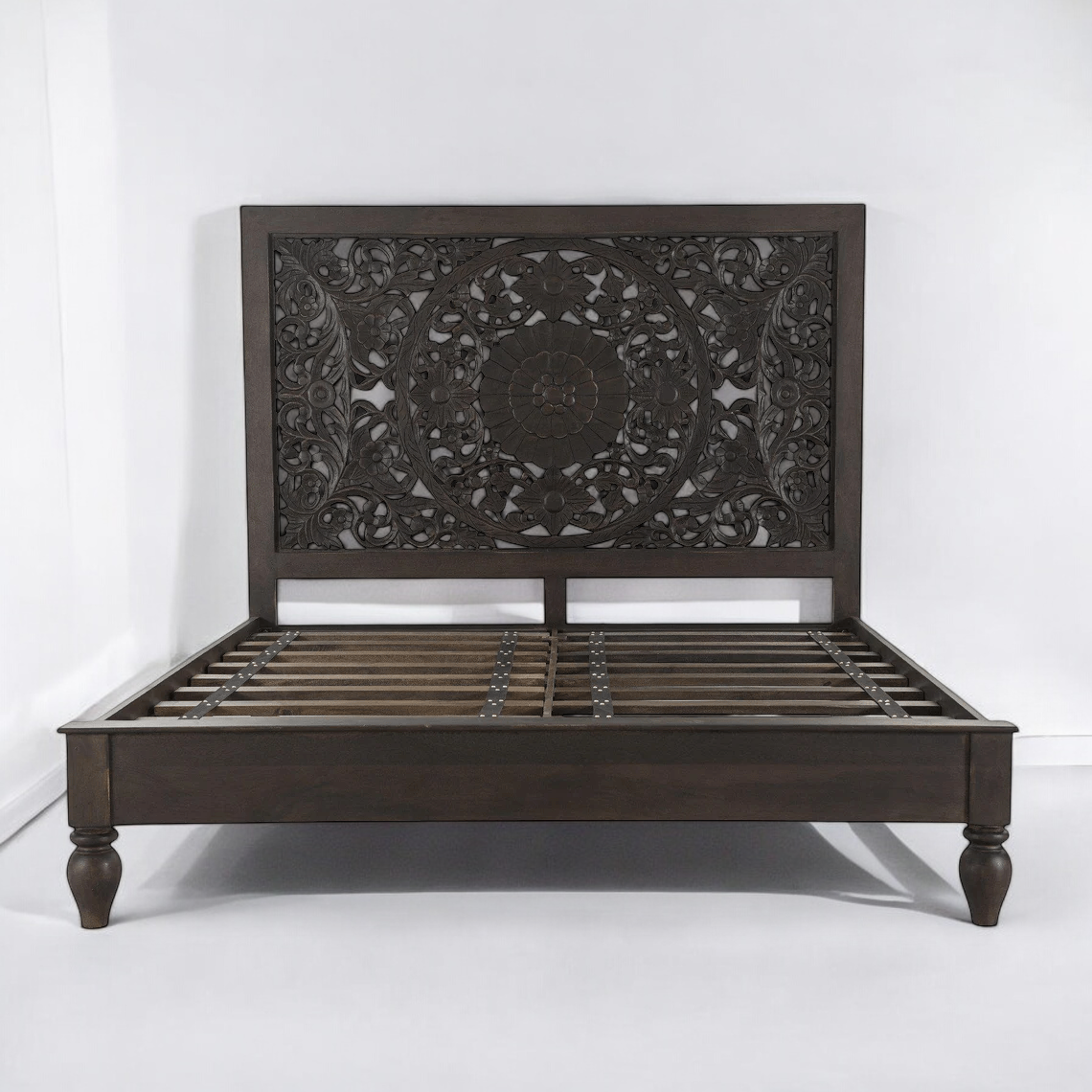 Mandala Carved Bed | Handcrafted Mango Wood Bed with Intricate Headboard | King & Queen Sizes | Living Furn India