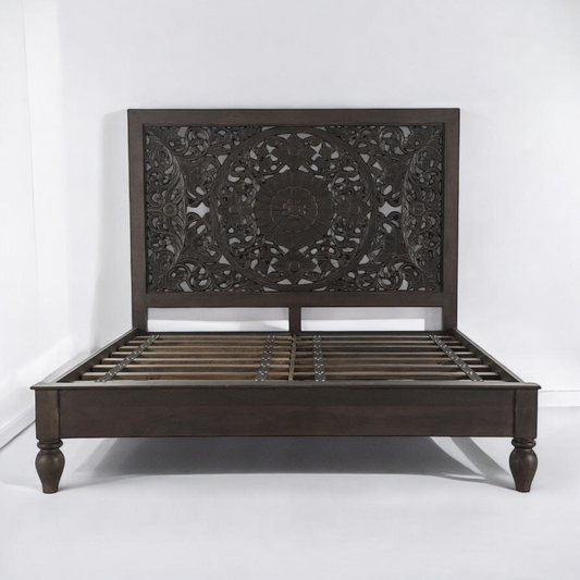 Solid Wood Hand-Carved Black Headboard Bed with Elegant Detailing