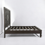 Mandala Carved Bed | Handcrafted Mango Wood Bed with Intricate Headboard | King & Queen Sizes | Living Furn India