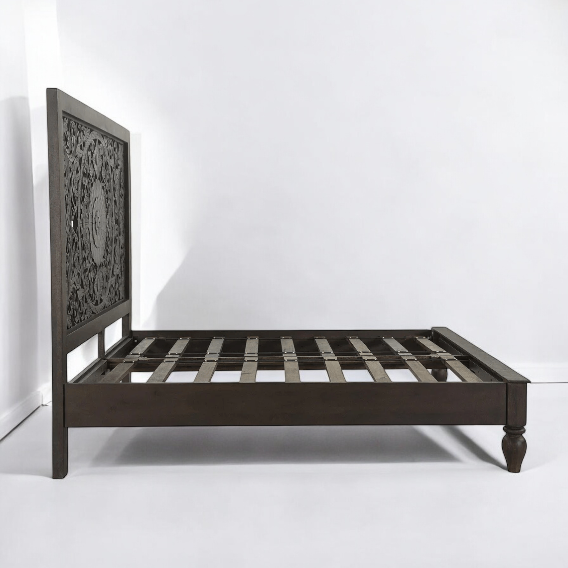 Mandala Carved Bed | Handcrafted Mango Wood Bed with Intricate Headboard | King & Queen Sizes | Living Furn India