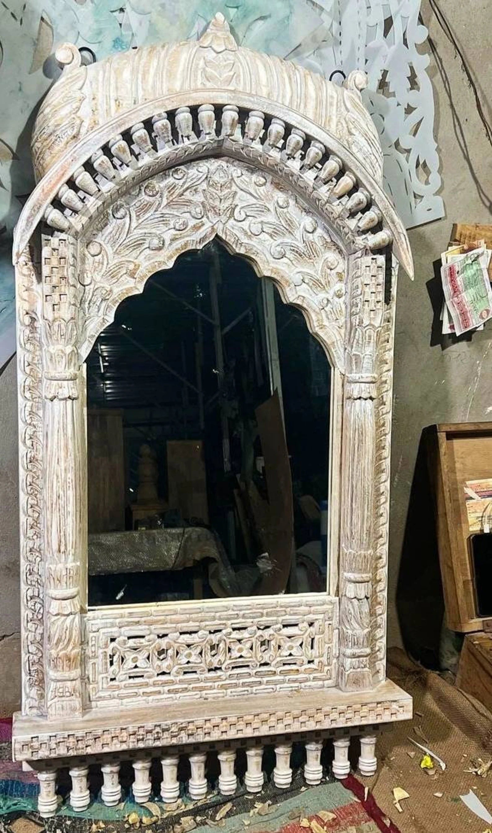mango wood mirror, jharokha mirror, indian mirror, carved mirror, arched mirror, mehrab arch, dome canopy, palace mirror, rustic mirror, distressed white, whitewashed mirror, farmhouse decor, boho decor, global eclectic, vintage inspired, antique style, floral carving, foliate carving, scalloped arch, baluster brackets, lattice carving, turned gallery, architectural mirror, wall mirror, statement mirror, entryway mirror, living room mirror, mandir mirror, handcrafted in india, artisan made, solid wood frame