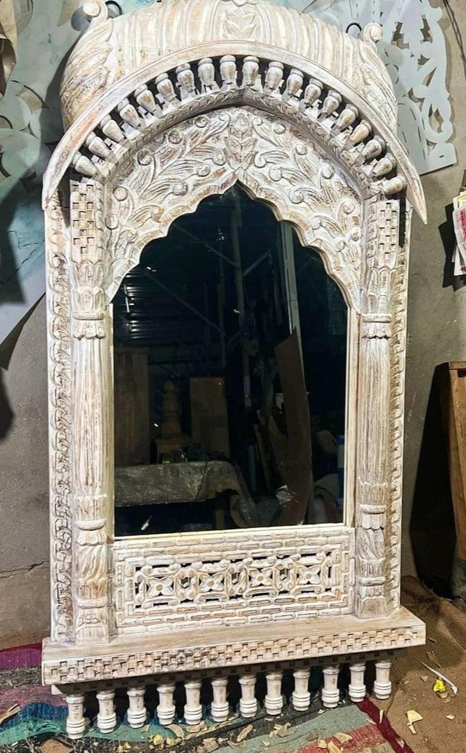 mango wood mirror, jharokha mirror, indian mirror, carved mirror, arched mirror, mehrab arch, dome canopy, palace mirror, rustic mirror, distressed white, whitewashed mirror, farmhouse decor, boho decor, global eclectic, vintage inspired, antique style, floral carving, foliate carving, scalloped arch, baluster brackets, lattice carving, turned gallery, architectural mirror, wall mirror, statement mirror, entryway mirror, living room mirror, mandir mirror, handcrafted in india, artisan made, solid wood frame