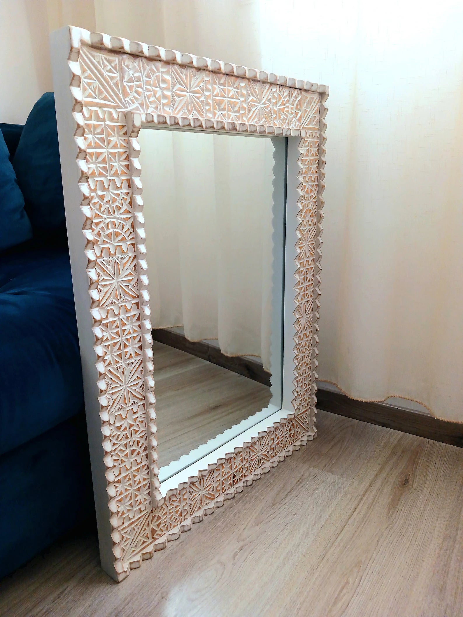 Beige Moroccan Hand Carved Wooden Mirror - Carved Mirror in Vintage Style - Old Wall Mirror Frame- Decor Wood Frame - Farmhouse Wall Decor.