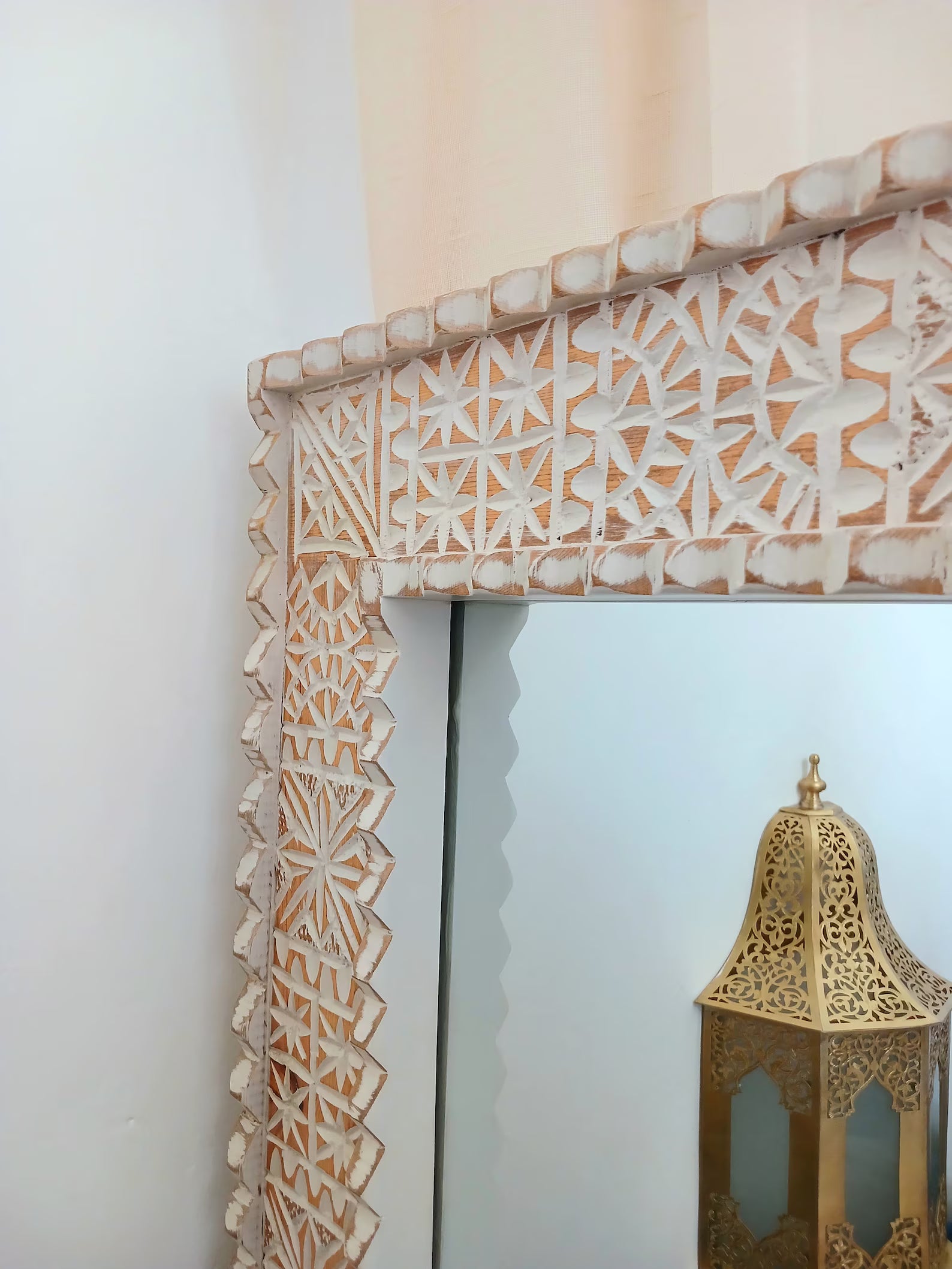 Beige Moroccan Hand Carved Wooden Mirror - Carved Mirror in Vintage Style - Old Wall Mirror Frame- Decor Wood Frame - Farmhouse Wall Decor.