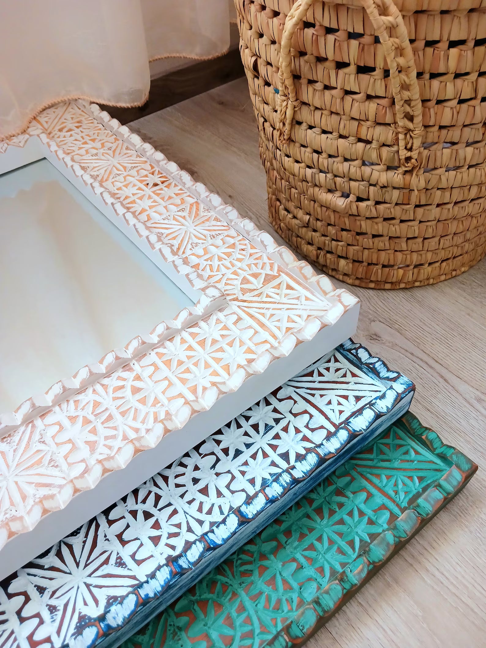 Beige Moroccan Hand Carved Wooden Mirror - Carved Mirror in Vintage Style - Old Wall Mirror Frame- Decor Wood Frame - Farmhouse Wall Decor.