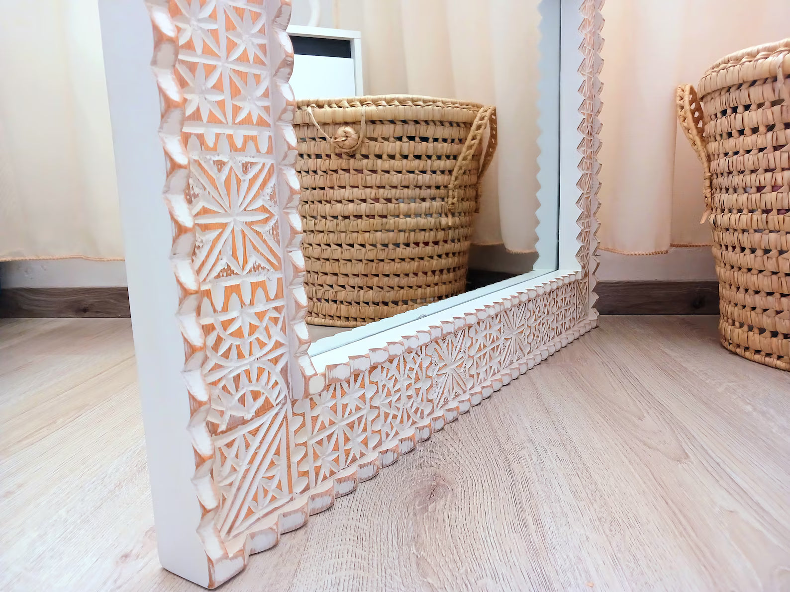 Beige Moroccan Hand Carved Wooden Mirror - Carved Mirror in Vintage Style - Old Wall Mirror Frame- Decor Wood Frame - Farmhouse Wall Decor.