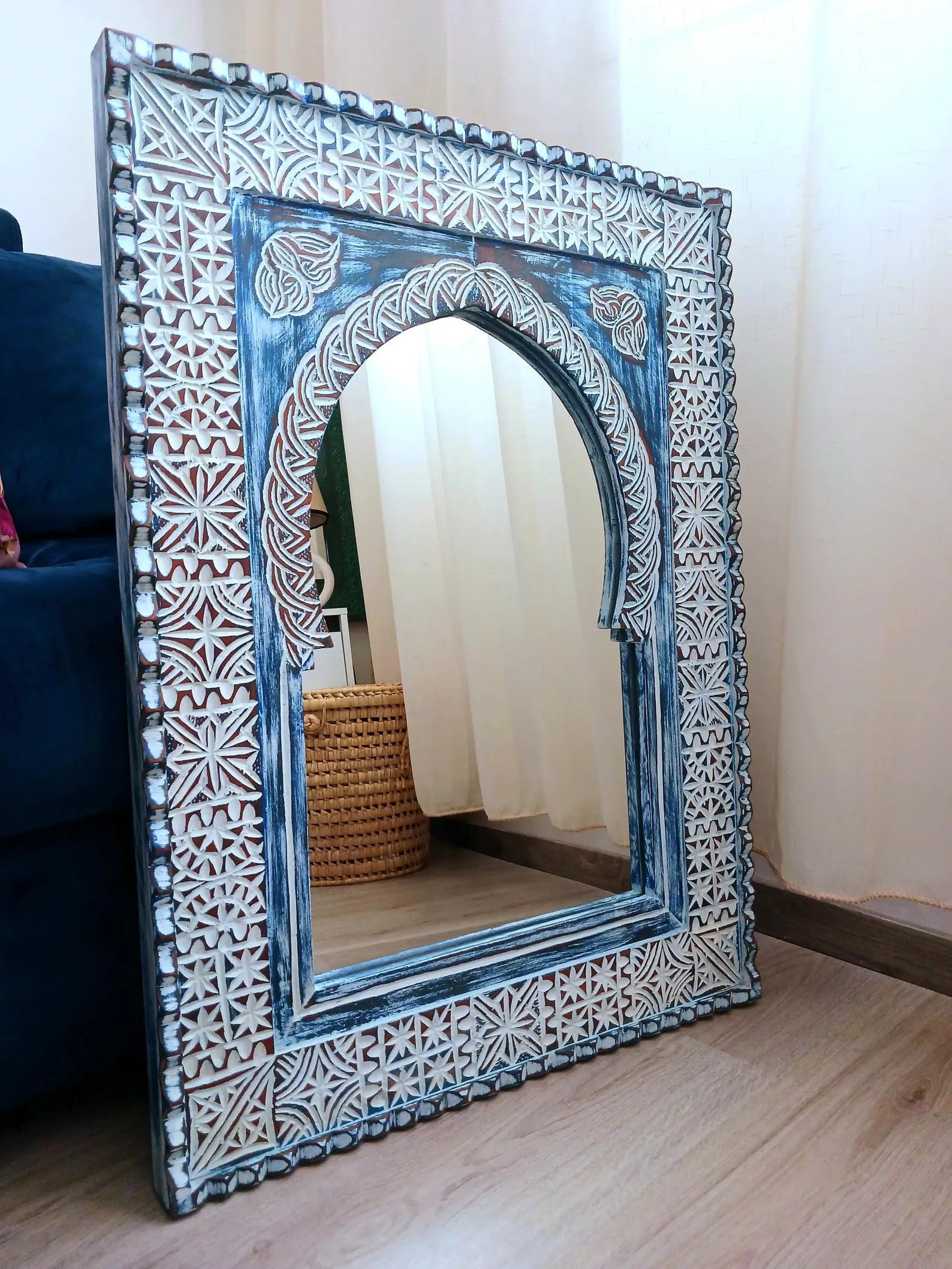 Moroccan Hand‑Carved Wooden Wall Mirror — Vintage Arch Frame, Farmhouse Decor 80 × 60 cm | Living Furn India