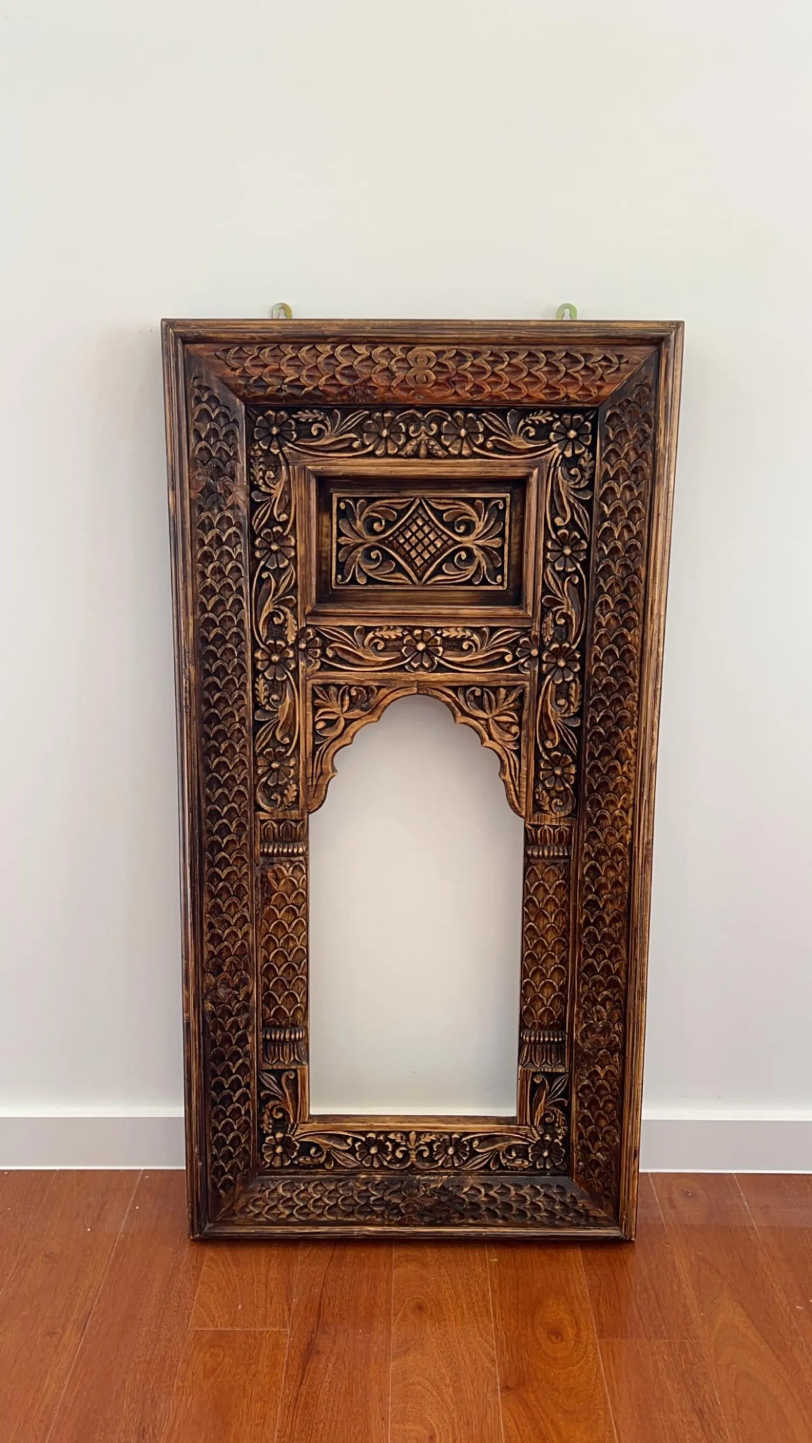 Hand‑Carved Mango Wood Wall Mirror — Rustic Floral Panel Frame, 75 × 45 cm | Living Furn India