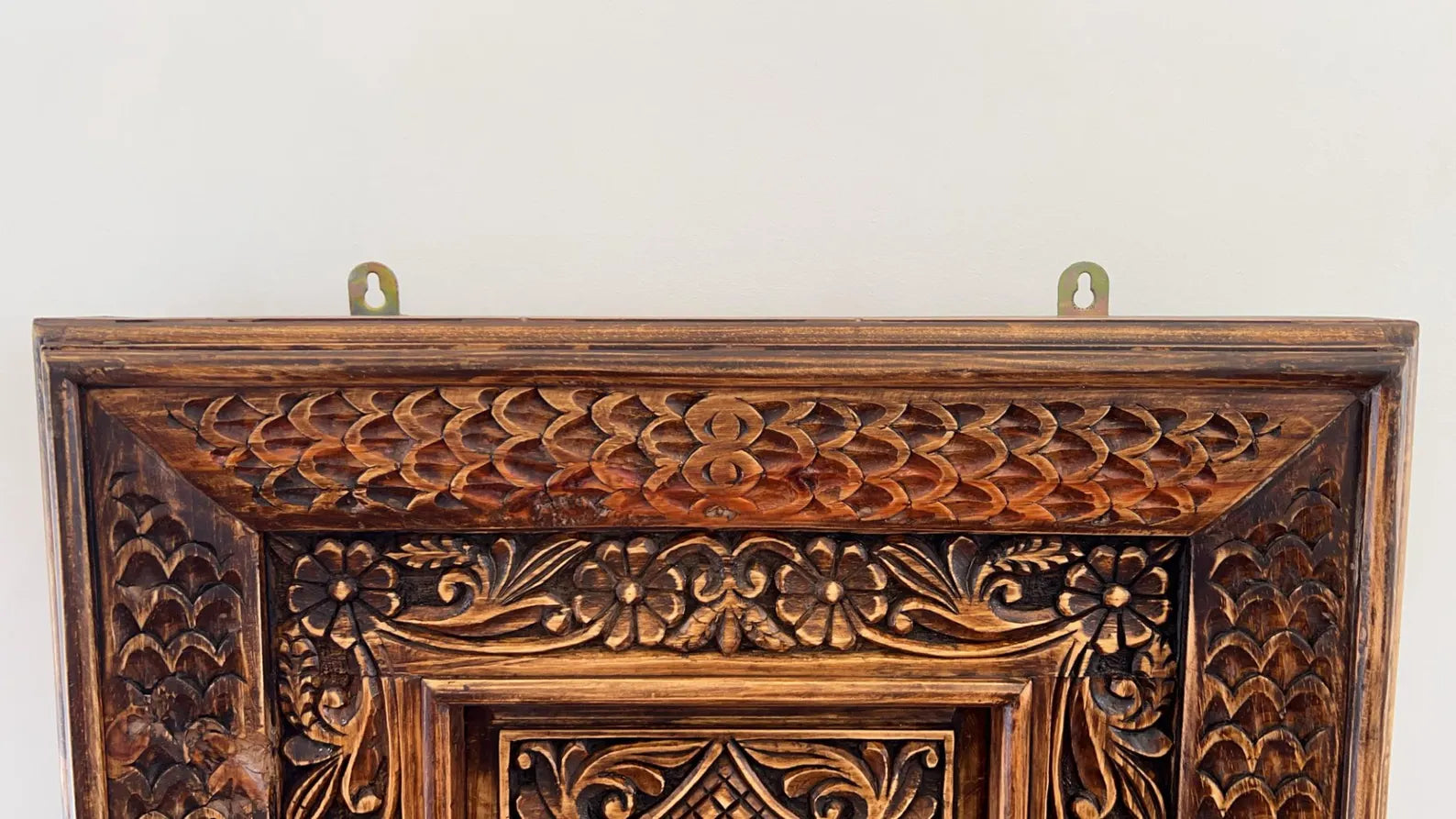 Hand‑Carved Mango Wood Wall Mirror — Rustic Floral Panel Frame, 75 × 45 cm | Living Furn India