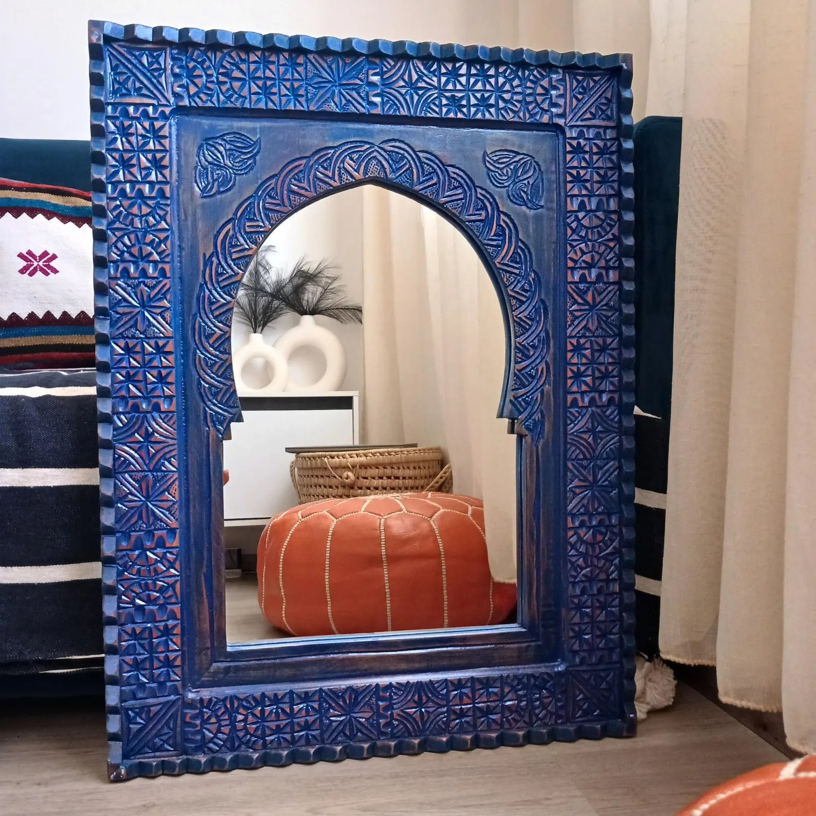 Moroccan Hand‑Carved Wooden Wall Mirror — Vintage Arch Frame, Farmhouse Decor 80 × 60 cm | Living Furn India