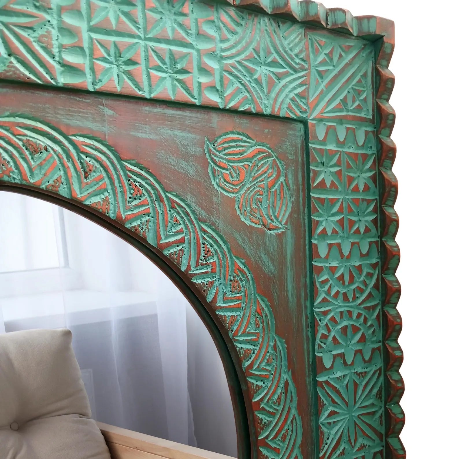 Large Handmade Hand‑Carved Arched Floor Mirror — Vintage Style Solid Hardwood | Living Furn India .