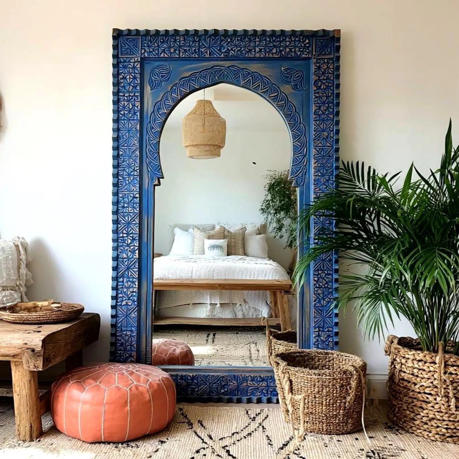 Large Handmade Hand‑Carved Arched Floor Mirror — Vintage Style Solid Hardwood | Living Furn India .