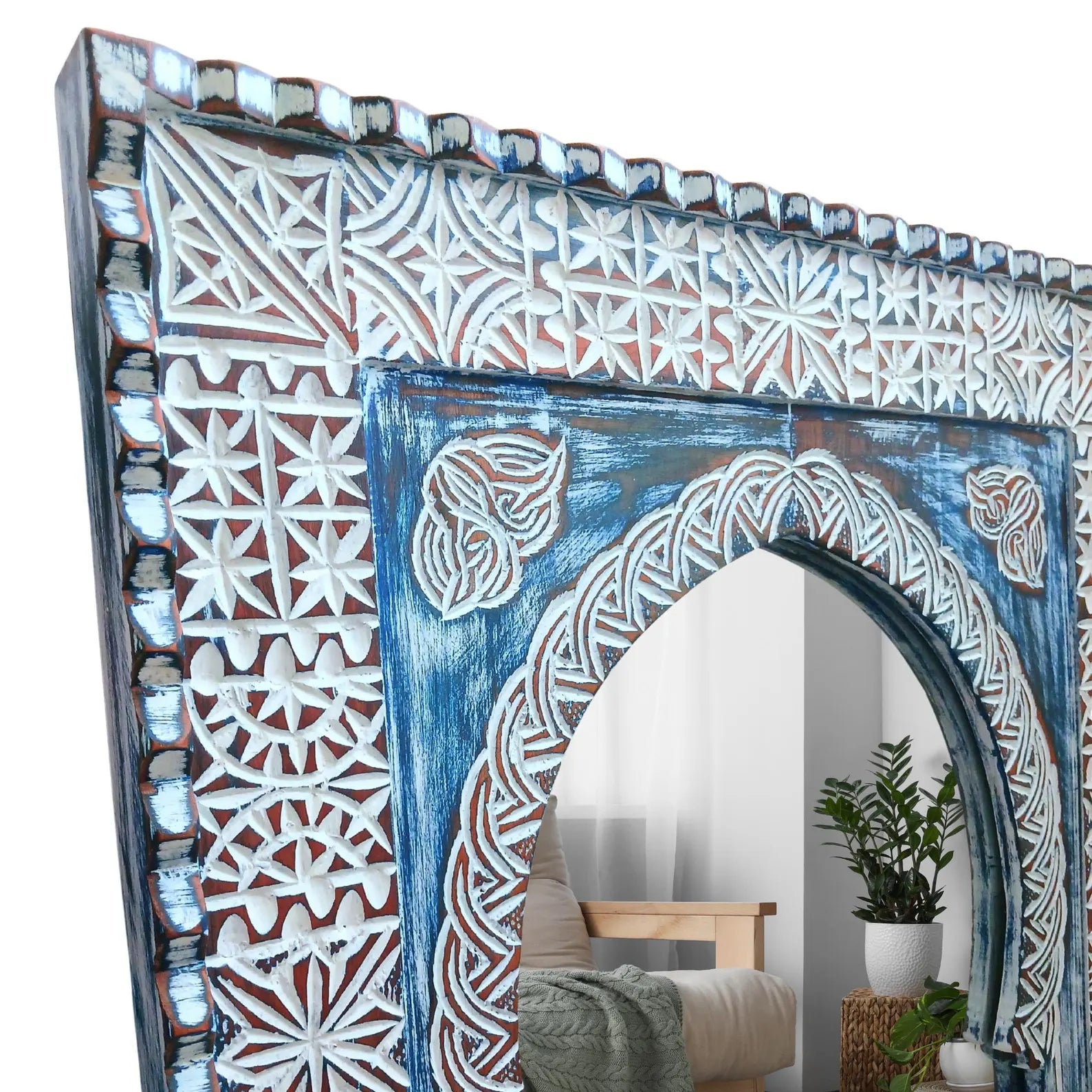 Large Handmade Hand‑Carved Arched Floor Mirror — Vintage Style Solid Hardwood | Living Furn India .