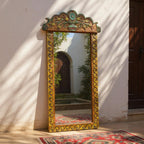 Boho Hand‑Carved Mango Wood Floor/Wall Mirror Frame — Painted Scalloped Crest, 74 × 23 in | Living Furn India