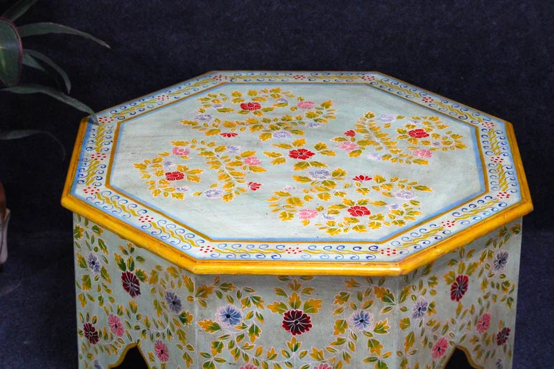 Hand‑Painted Mango Wood Coffee Table — Octagonal with Floral Botanical Motifs, 60 × 30 cm