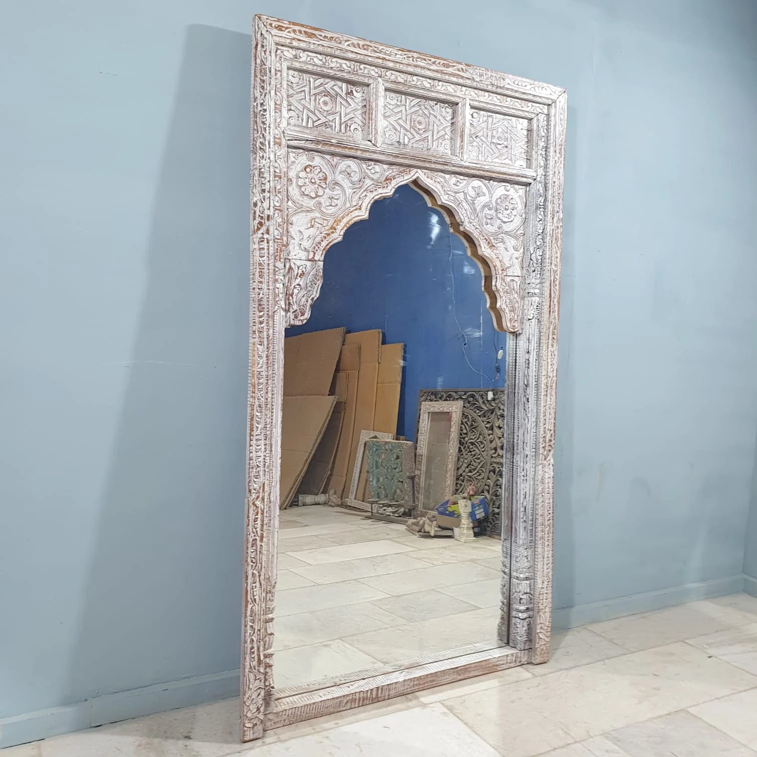 hand carved mirror, mango wood mirror, rustic white mirror, distressed white mirror, large mirror, oversized mirror, full length mirror, wall mirror, mehrab arch mirror, arched mirror, jali lattice mirror, entryway mirror, dressing mirror, decorative mirror, indian furniture, handmade mirror, artisan made mirror, premium wood mirror, quality mirror, durable mirror, sturdy mirror, timeless mirror, elegant mirror, statement mirror, ornate mirror, unique mirror, sculptural mirror, focal piece mirror, handcraft