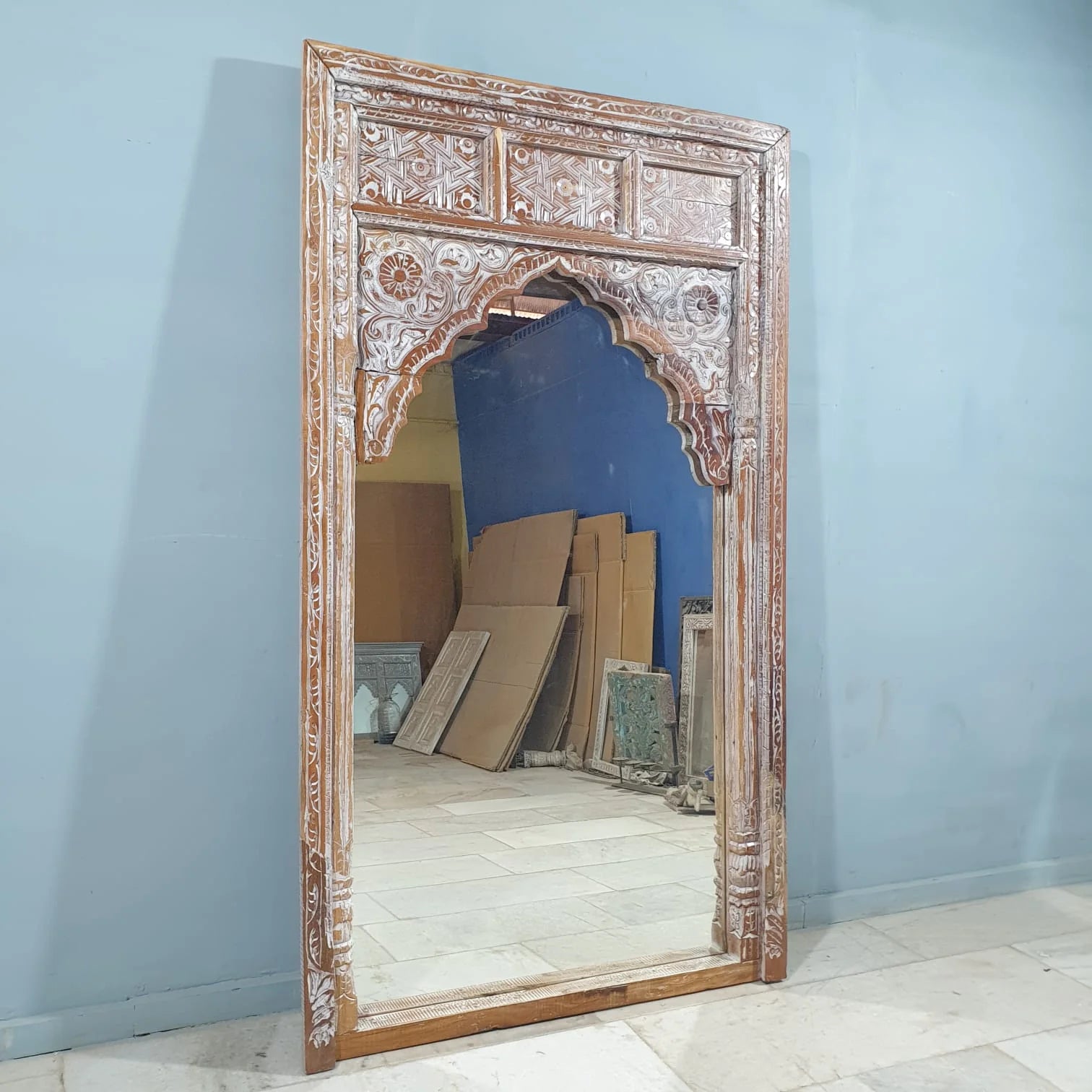 hand carved mirror, mango wood mirror, rustic white mirror, distressed white mirror, large mirror, oversized mirror, full length mirror, wall mirror, mehrab arch mirror, arched mirror, jali lattice mirror, entryway mirror, dressing mirror, decorative mirror, indian furniture, handmade mirror, artisan made mirror, premium wood mirror, quality mirror, durable mirror, sturdy mirror, timeless mirror, elegant mirror, statement mirror, ornate mirror, unique mirror, sculptural mirror, focal piece mirror, handcraft