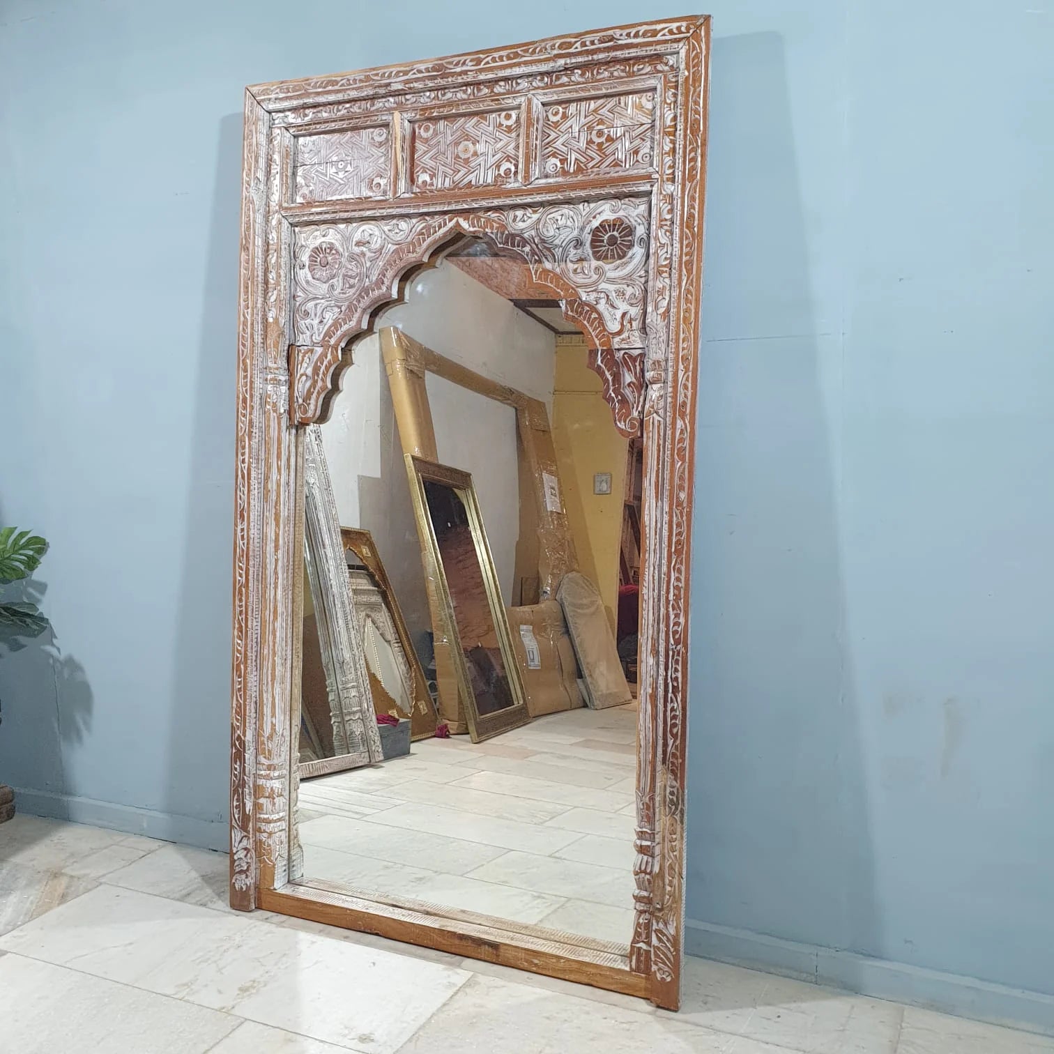 hand carved mirror, mango wood mirror, rustic white mirror, distressed white mirror, large mirror, oversized mirror, full length mirror, wall mirror, mehrab arch mirror, arched mirror, jali lattice mirror, entryway mirror, dressing mirror, decorative mirror, indian furniture, handmade mirror, artisan made mirror, premium wood mirror, quality mirror, durable mirror, sturdy mirror, timeless mirror, elegant mirror, statement mirror, ornate mirror, unique mirror, sculptural mirror, focal piece mirror, handcraft
