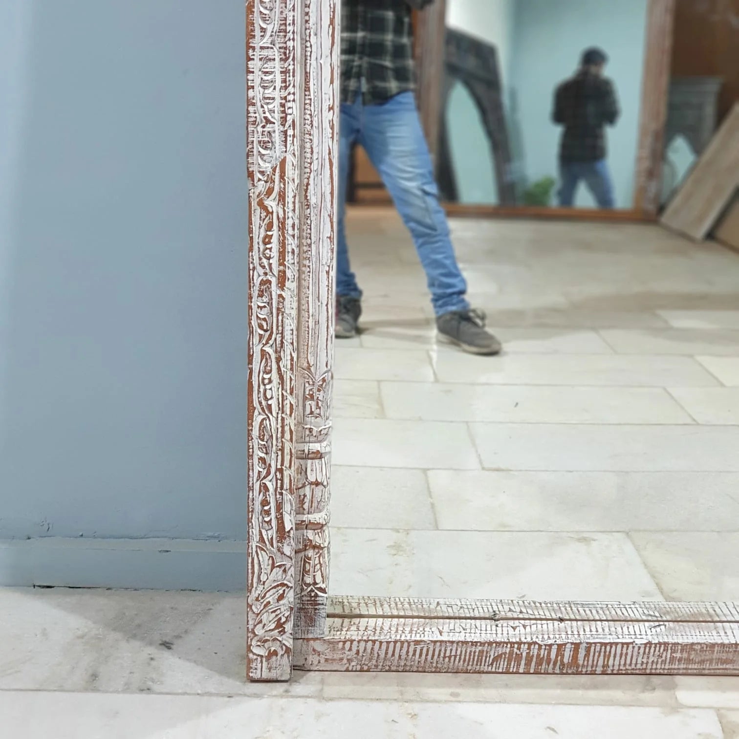 hand carved mirror, mango wood mirror, rustic white mirror, distressed white mirror, large mirror, oversized mirror, full length mirror, wall mirror, mehrab arch mirror, arched mirror, jali lattice mirror, entryway mirror, dressing mirror, decorative mirror, indian furniture, handmade mirror, artisan made mirror, premium wood mirror, quality mirror, durable mirror, sturdy mirror, timeless mirror, elegant mirror, statement mirror, ornate mirror, unique mirror, sculptural mirror, focal piece mirror, handcraft