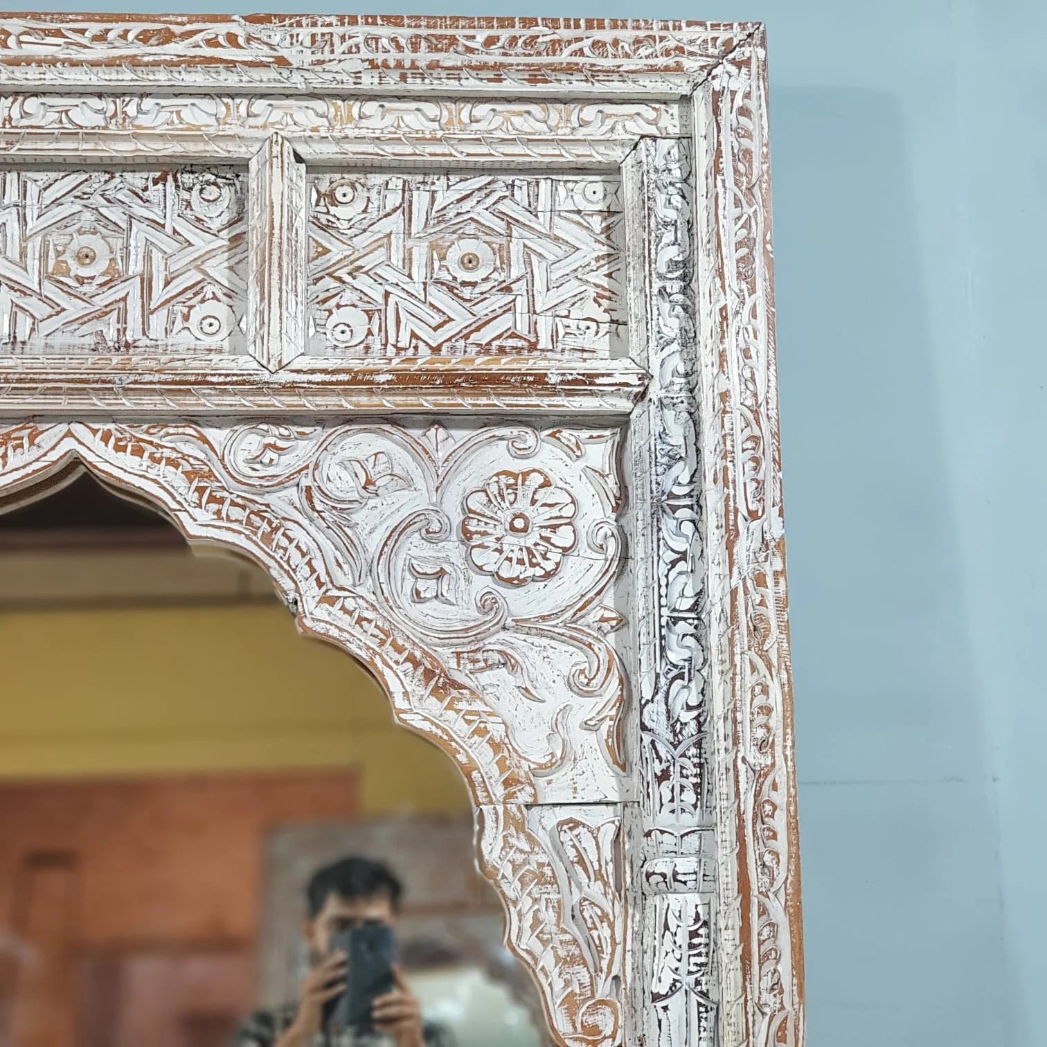 hand carved mirror, mango wood mirror, rustic white mirror, distressed white mirror, large mirror, oversized mirror, full length mirror, wall mirror, mehrab arch mirror, arched mirror, jali lattice mirror, entryway mirror, dressing mirror, decorative mirror, indian furniture, handmade mirror, artisan made mirror, premium wood mirror, quality mirror, durable mirror, sturdy mirror, timeless mirror, elegant mirror, statement mirror, ornate mirror, unique mirror, sculptural mirror, focal piece mirror, handcraft