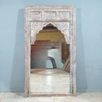hand carved mirror, mango wood mirror, rustic white mirror, distressed white mirror, large mirror, oversized mirror, full length mirror, wall mirror, mehrab arch mirror, arched mirror, jali lattice mirror, entryway mirror, dressing mirror, decorative mirror, indian furniture, handmade mirror, artisan made mirror, premium wood mirror, quality mirror, durable mirror, sturdy mirror, timeless mirror, elegant mirror, statement mirror, ornate mirror, unique mirror, sculptural mirror, focal piece mirror, handcraft
