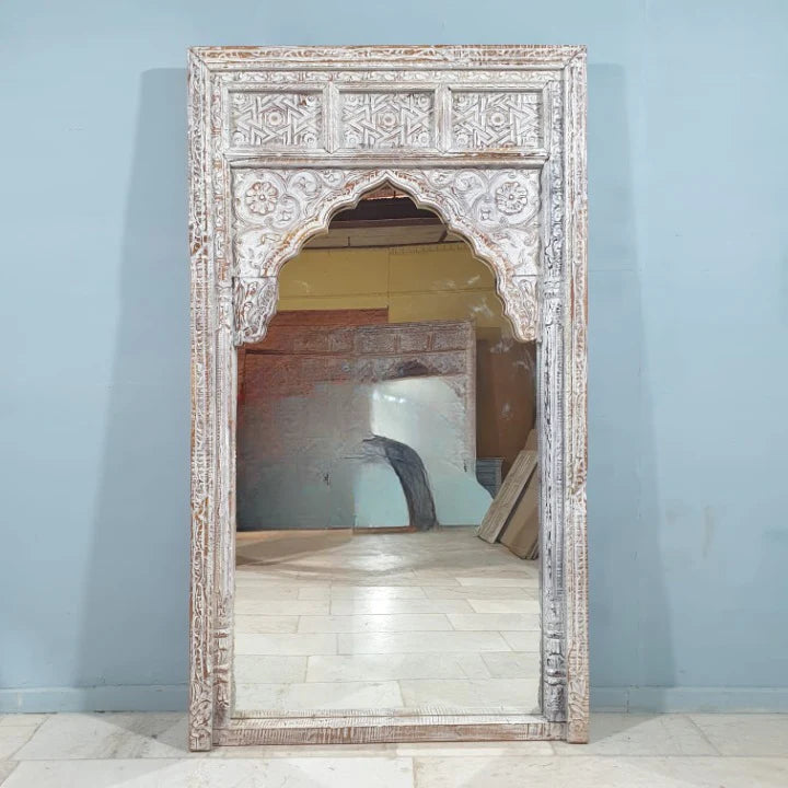 hand carved mirror, mango wood mirror, rustic white mirror, distressed white mirror, large mirror, oversized mirror, full length mirror, wall mirror, mehrab arch mirror, arched mirror, jali lattice mirror, entryway mirror, dressing mirror, decorative mirror, indian furniture, handmade mirror, artisan made mirror, premium wood mirror, quality mirror, durable mirror, sturdy mirror, timeless mirror, elegant mirror, statement mirror, ornate mirror, unique mirror, sculptural mirror, focal piece mirror, handcraft