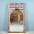 hand carved mirror, mango wood mirror, rustic white mirror, distressed white mirror, large mirror, oversized mirror, full length mirror, wall mirror, mehrab arch mirror, arched mirror, jali lattice mirror, entryway mirror, dressing mirror, decorative mirror, indian furniture, handmade mirror, artisan made mirror, premium wood mirror, quality mirror, durable mirror, sturdy mirror, timeless mirror, elegant mirror, statement mirror, ornate mirror, unique mirror, sculptural mirror, focal piece mirror, handcraft