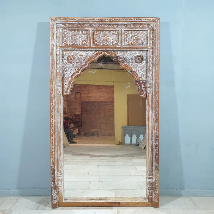 hand carved mirror, mango wood mirror, rustic white mirror, distressed white mirror, large mirror, oversized mirror, full length mirror, wall mirror, mehrab arch mirror, arched mirror, jali lattice mirror, entryway mirror, dressing mirror, decorative mirror, indian furniture, handmade mirror, artisan made mirror, premium wood mirror, quality mirror, durable mirror, sturdy mirror, timeless mirror, elegant mirror, statement mirror, ornate mirror, unique mirror, sculptural mirror, focal piece mirror, handcraft