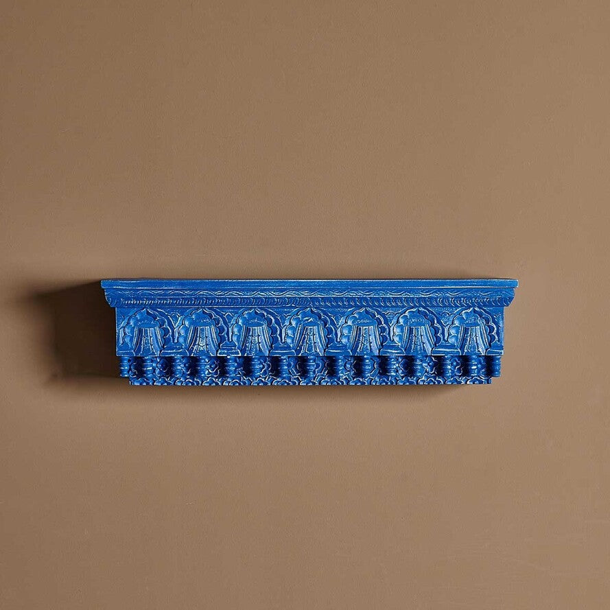 Hand‑Carved Mango Wood Floating Shelf — Jharokha Arch Design, Distressed Finish, 85 × 23 × 20 cm (6 kg)