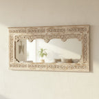 mango wood mirror, carved mirror, jharokha mirror, four arch mirror, oversized mirror, large mirror, rajasthani mirror, indian mirror, distressed mirror, whitewash mirror, white mirror, horizontal mirror, wall mirror, statement mirror, architectural mirror, palace mirror, traditional mirror, handmade mirror, artisan mirror, premium mirror, quality mirror, durable mirror, elegant mirror, unique mirror, decorative mirror, focal piece mirror, handcrafted in india, sustainable mango wood, distressed whitewash, 