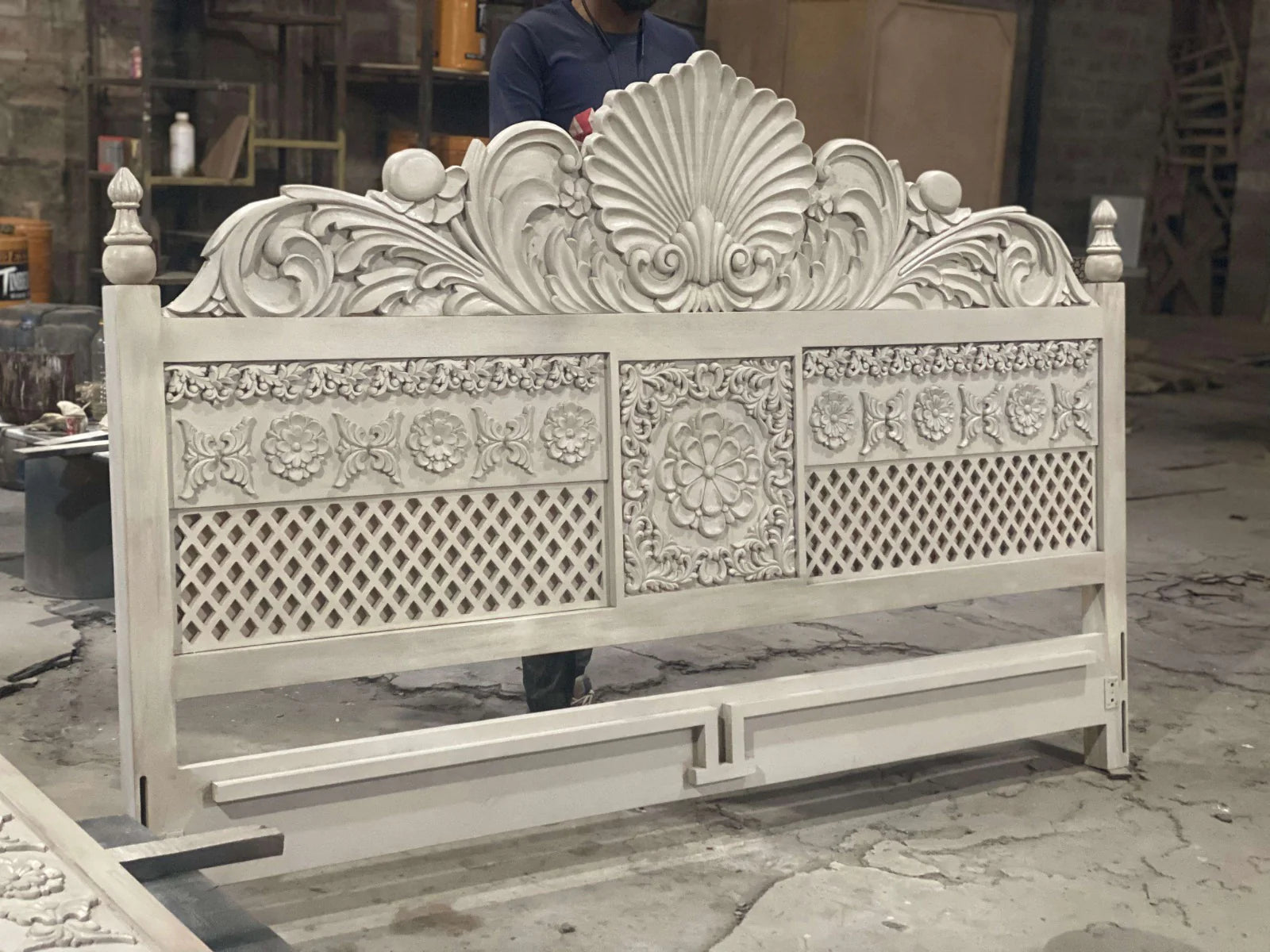 hand carved bed frame, acacia wood bed, whitewashed bed, heritage design bed, queen size bed, king size bed, carved headboard bed, jali panel bed, indian furniture, master bedroom bed, guest room bed, handmade bed frame, artisan made bed, premium wood bed, quality wood furniture, durable bed frame, sturdy bed, timeless bed, elegant bed frame, statement bed, grand bed, heirloom bed, coastal bed, shabby chic bed frame, farmhouse bed, vintage bed frame, mughal style bed, traditional bed, ornate bed frame, clas