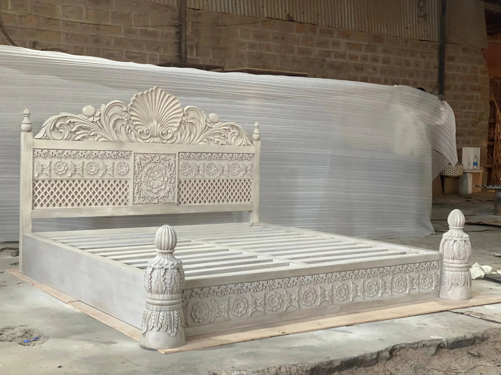 hand carved bed frame, acacia wood bed, whitewashed bed, heritage design bed, queen size bed, king size bed, carved headboard bed, jali panel bed, indian furniture, master bedroom bed, guest room bed, handmade bed frame, artisan made bed, premium wood bed, quality wood furniture, durable bed frame, sturdy bed, timeless bed, elegant bed frame, statement bed, grand bed, heirloom bed, coastal bed, shabby chic bed frame, farmhouse bed, vintage bed frame, mughal style bed, traditional bed, ornate bed frame, clas
