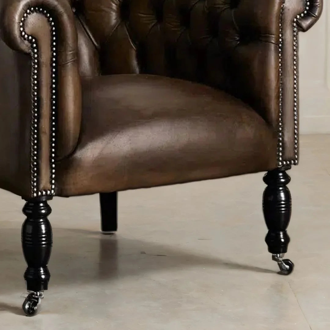 Regalia Crest Leather Lounge Chair – Handcrafted Bone/Brown Accent by Living Furn India