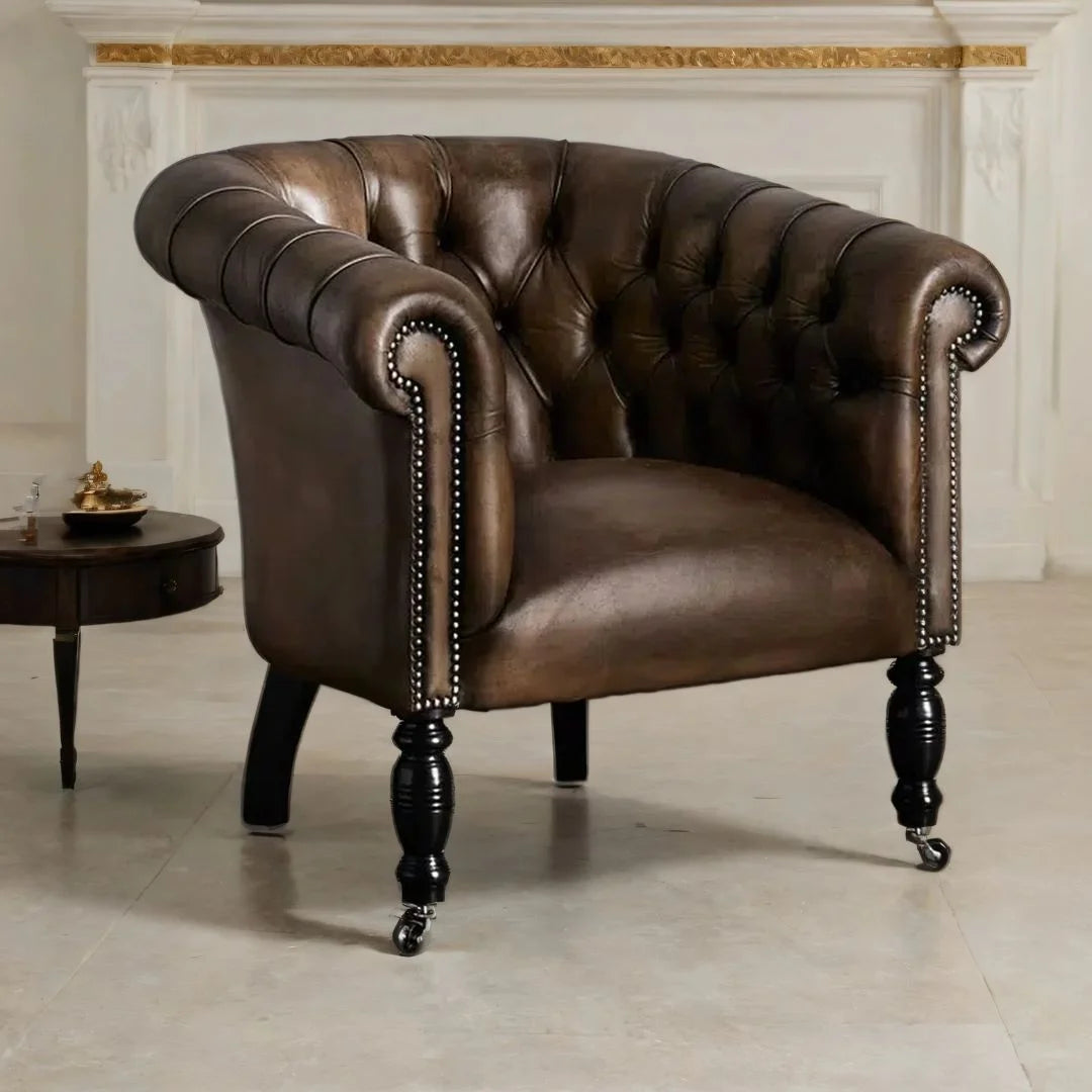 Regalia Crest Leather Lounge Chair – Handcrafted Bone/Brown Accent by Living Furn India