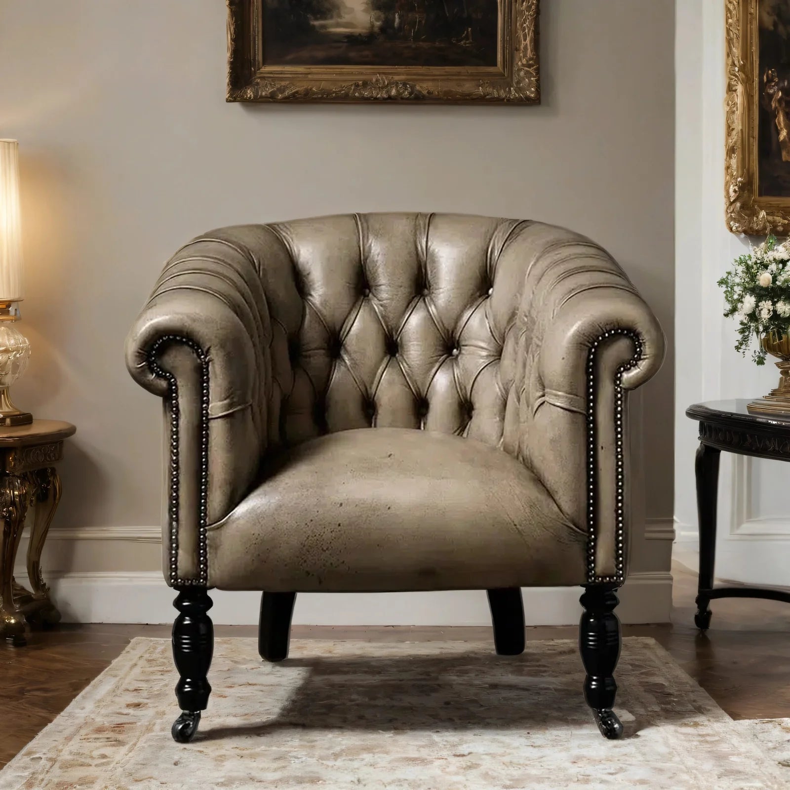Regalia Crest Leather Lounge Chair – Handcrafted Bone/Brown Accent by Living Furn India