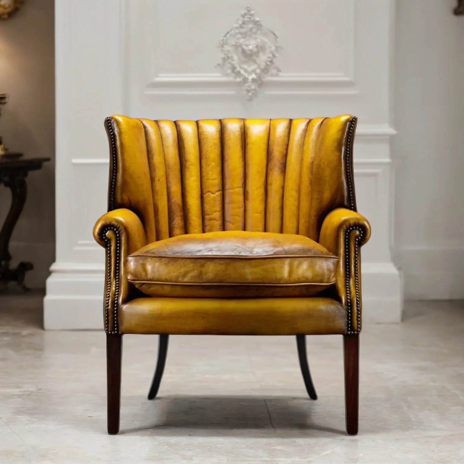 Aurelius Gold Leather Lounge Chair – Handcrafted Accent Seating by Living Furn India