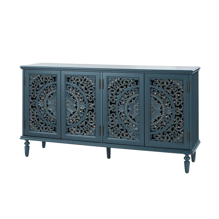 wood jali sideboard, carved sideboard, blue sideboard, slate blue sideboard, lattice sideboard, floral sideboard, turned leg sideboard, storage sideboard, indian jali, carved lattice, coastal sideboard, accent cabinet, living room storage, dining room cabinet, entryway storage, statement sideboard, handmade sideboard, artisan made cabinet, premium wood furniture, quality furniture, durable cabinet, sturdy sideboard, timeless furniture, elegant sideboard, unique cabinet, decorative sideboard, focal piece cab