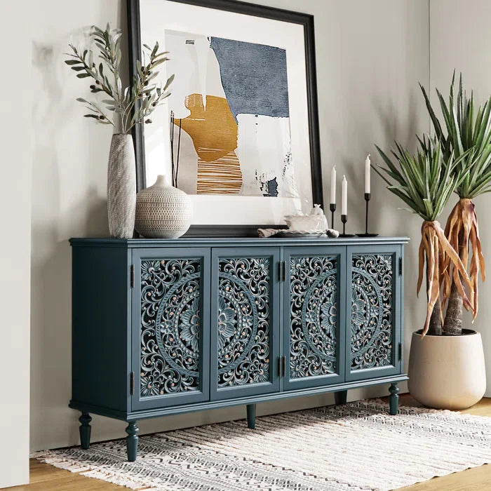 Statement Sideboard Solid Wood Sideboard — Hand‑Carved Floral Jali Doors with Turned Legs ...