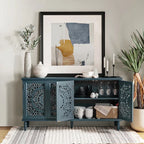 wood jali sideboard, carved sideboard, blue sideboard, slate blue sideboard, lattice sideboard, floral sideboard, turned leg sideboard, storage sideboard, indian jali, carved lattice, coastal sideboard, accent cabinet, living room storage, dining room cabinet, entryway storage, statement sideboard, handmade sideboard, artisan made cabinet, premium wood furniture, quality furniture, durable cabinet, sturdy sideboard, timeless furniture, elegant sideboard, unique cabinet, decorative sideboard, focal piece cab