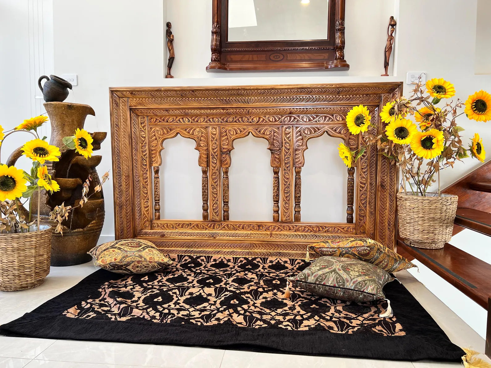 Hand‑Carved Multi‑Arch Wooden Wall Mirror/Frame — Indo‑Moroccan Design, Natural Warm Finish | Living Furn India