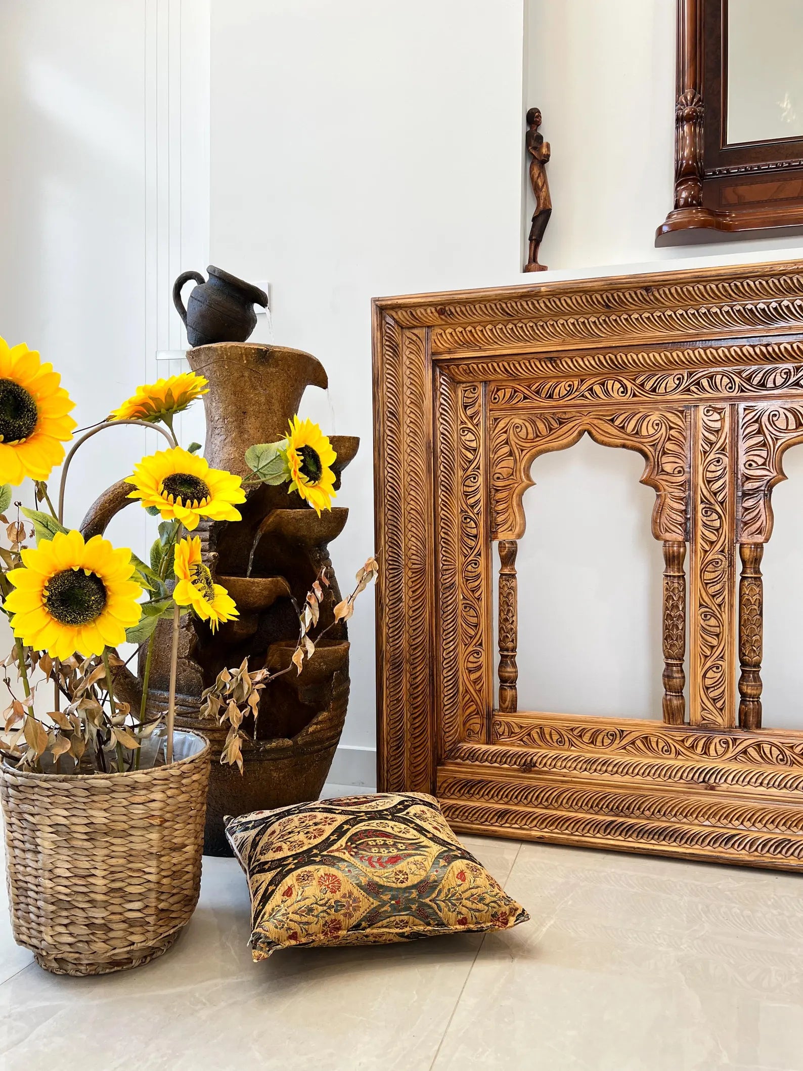 Hand‑Carved Multi‑Arch Wooden Wall Mirror/Frame — Indo‑Moroccan Design, Natural Warm Finish | Living Furn India