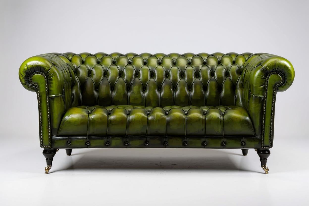 Emerald Elegance Chesterfield 3-Seater Leather Sofa – Handcrafted Comfort by Living Furn India