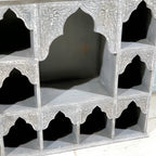 Hand‑Carved Mango Wood Mehrab Bookshelf — Grey Finish, Arched Openings, 90 × 90 × 30 cm