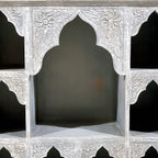 Hand‑Carved Mango Wood Mehrab Bookshelf — Grey Finish, Arched Openings, 90 × 90 × 30 cm